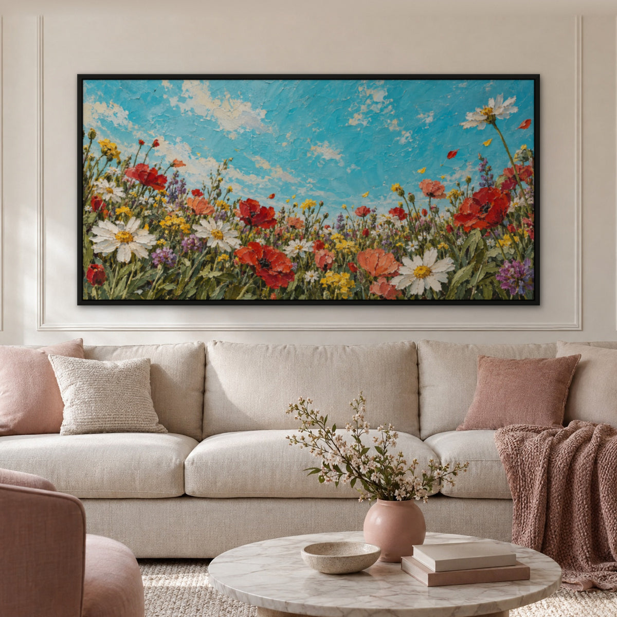 Turquoise Wild Garden, colourful floral hand-painted canvas wall art in a living room – Gallery 23