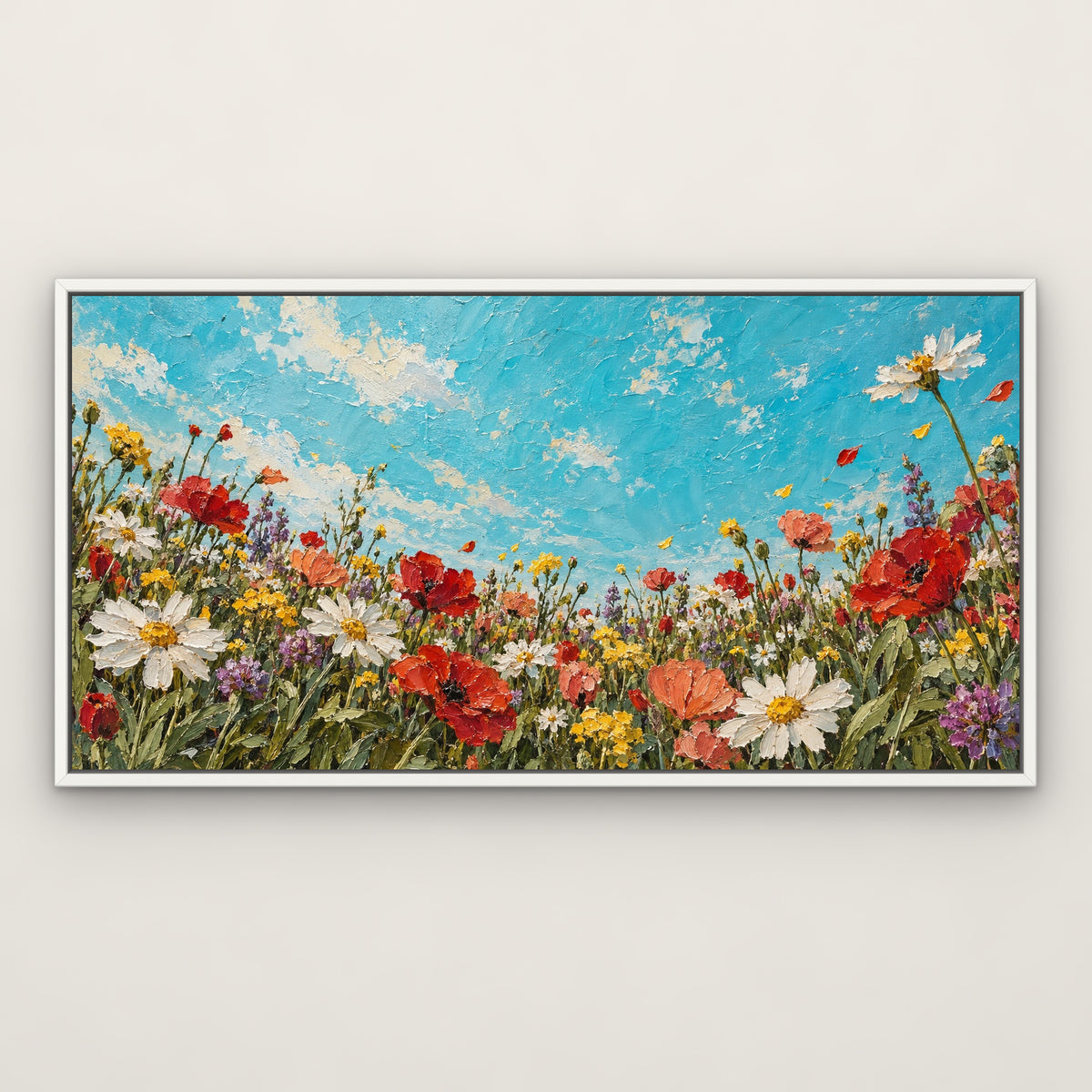 Turquoise Wild Garden, colourful floral hand-painted canvas wall art in a slim white float frame – Gallery 23