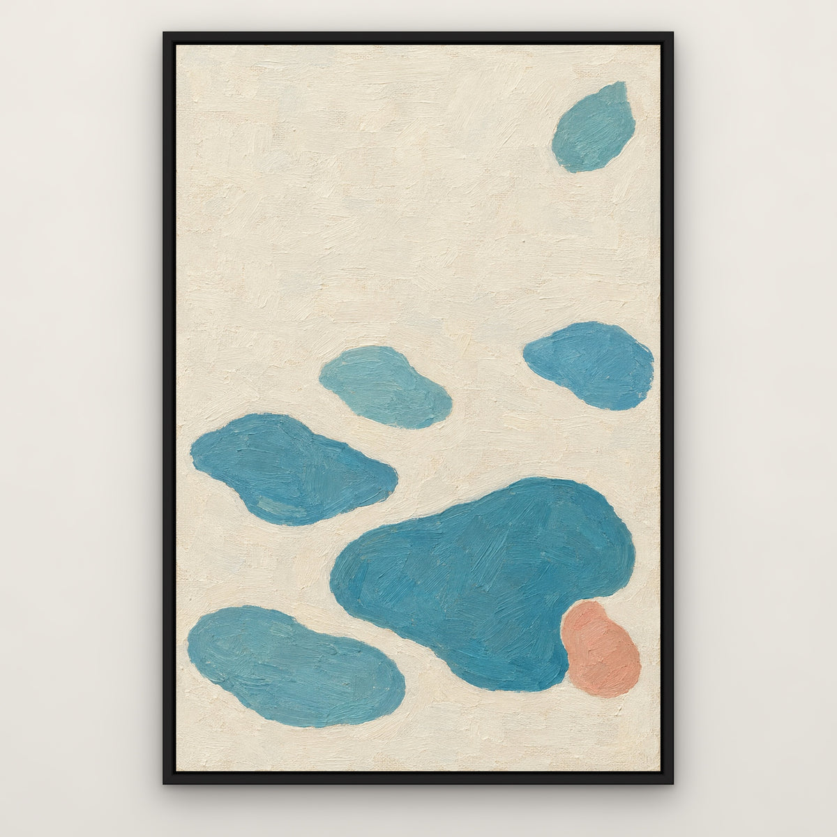 Lagoon Shapes, blue abstract hand-painted canvas wall art in a slim black float frame – Gallery 23