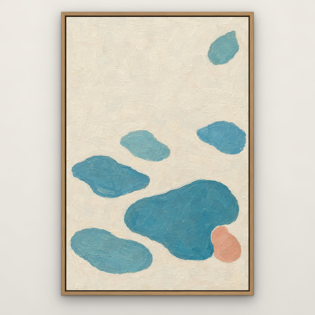 Lagoon Shapes, blue abstract hand-painted canvas wall art in a slim oak float frame – Gallery 23