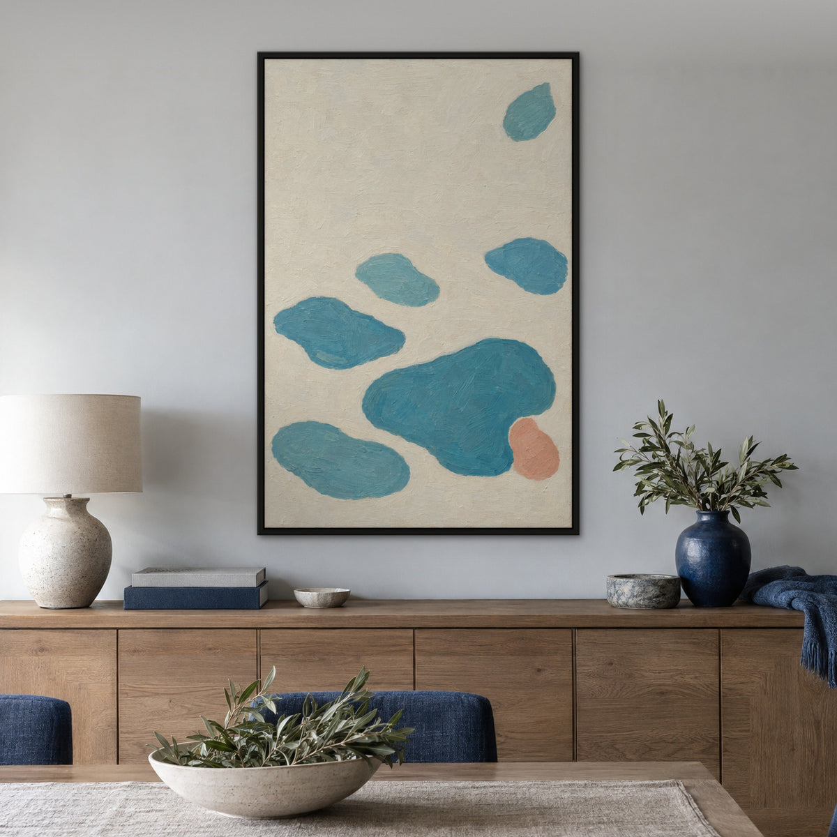 Lagoon Shapes, blue abstract hand-painted canvas wall art in a dining room – Gallery 23