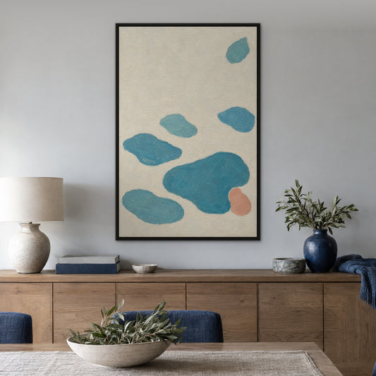 Lagoon Shapes, blue abstract hand-painted canvas wall art in a dining room – Gallery 23