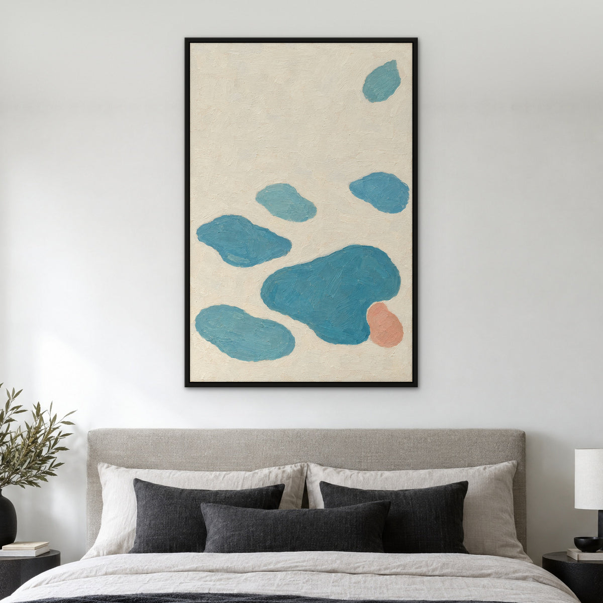 Lagoon Shapes, blue abstract hand-painted canvas wall art in a bedroom – Gallery 23