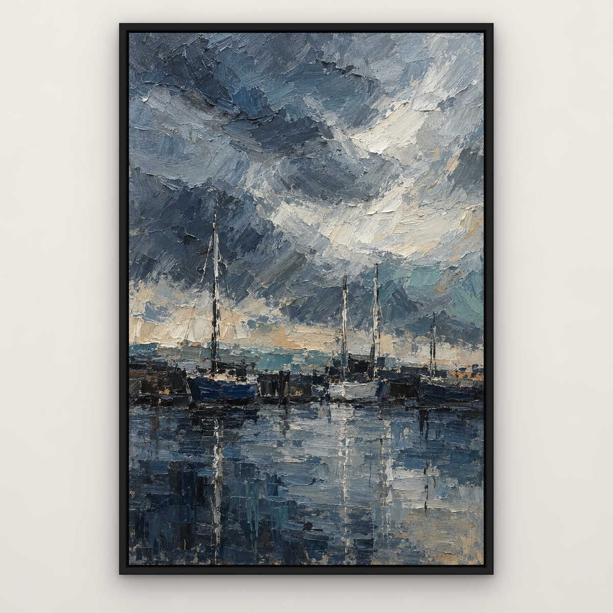 Storm Harbour Blur, blue abstract hand-painted canvas wall art in a slim black float frame – Gallery 23