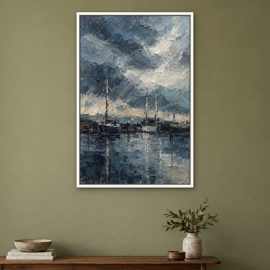 Storm Harbour Blur, blue abstract hand-painted canvas wall art in a hallway – Gallery 23