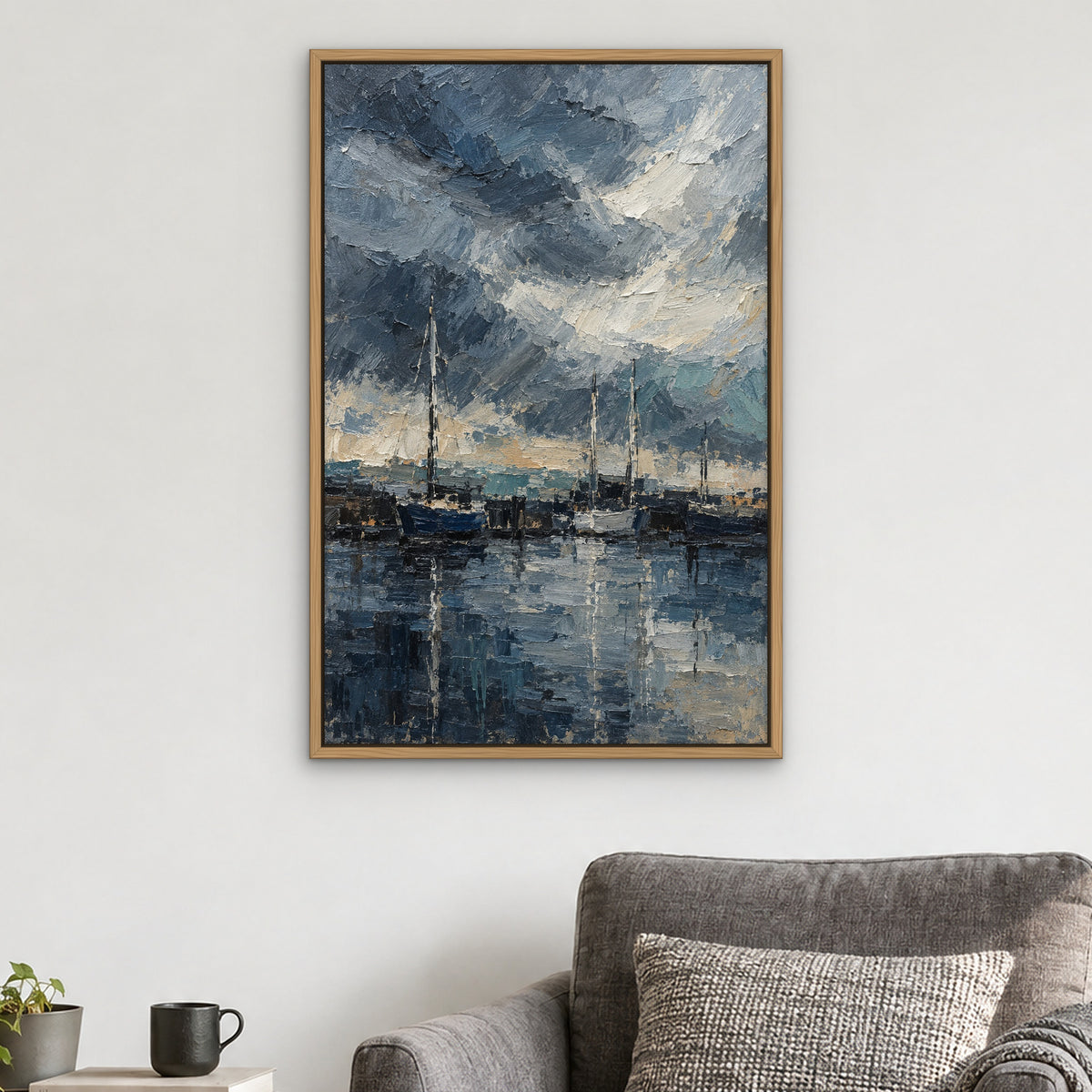 Storm Harbour Blur, blue abstract hand-painted canvas wall art in a reading corner – Gallery 23