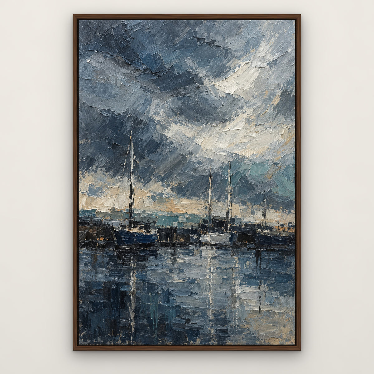 Storm Harbour Blur, blue abstract hand-painted canvas wall art in a slim walnut float frame – Gallery 23