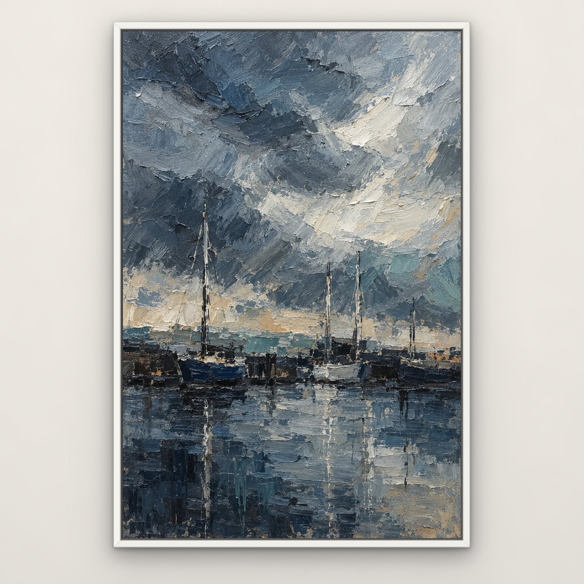 Storm Harbour Blur, blue abstract hand-painted canvas wall art in a slim white float frame – Gallery 23