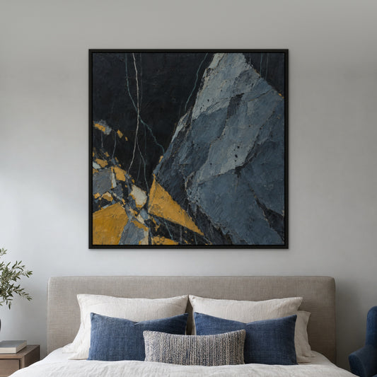 Blue Slate and Ochre, teal abstract hand-painted canvas wall art in a bedroom – Gallery 23