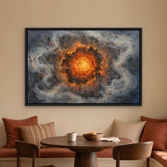 Smoke and Ember Edge, orange abstract hand-painted canvas wall art in a kitchen nook – Gallery 23