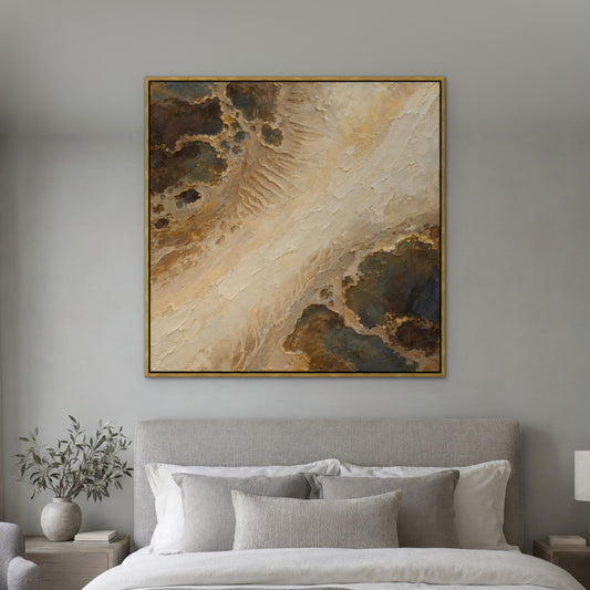 Bronze Shoreline Blur, gold abstract hand-painted canvas wall art in a bedroom – Gallery 23
