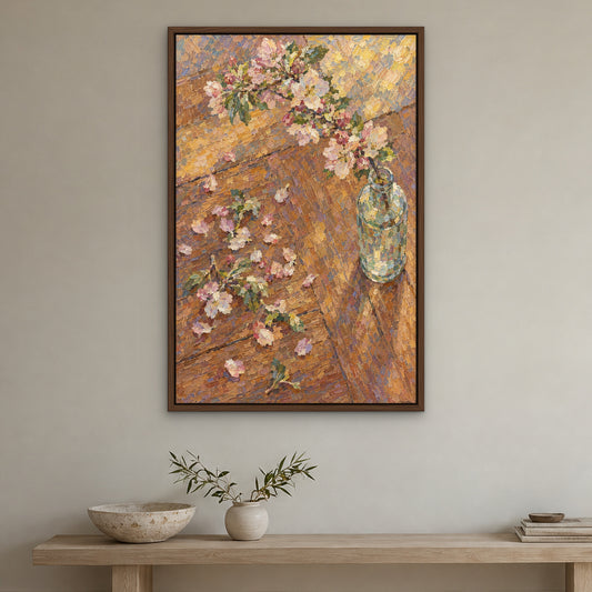 Blossom Still Life, colourful floral hand-painted canvas wall art in a hallway – Gallery 23