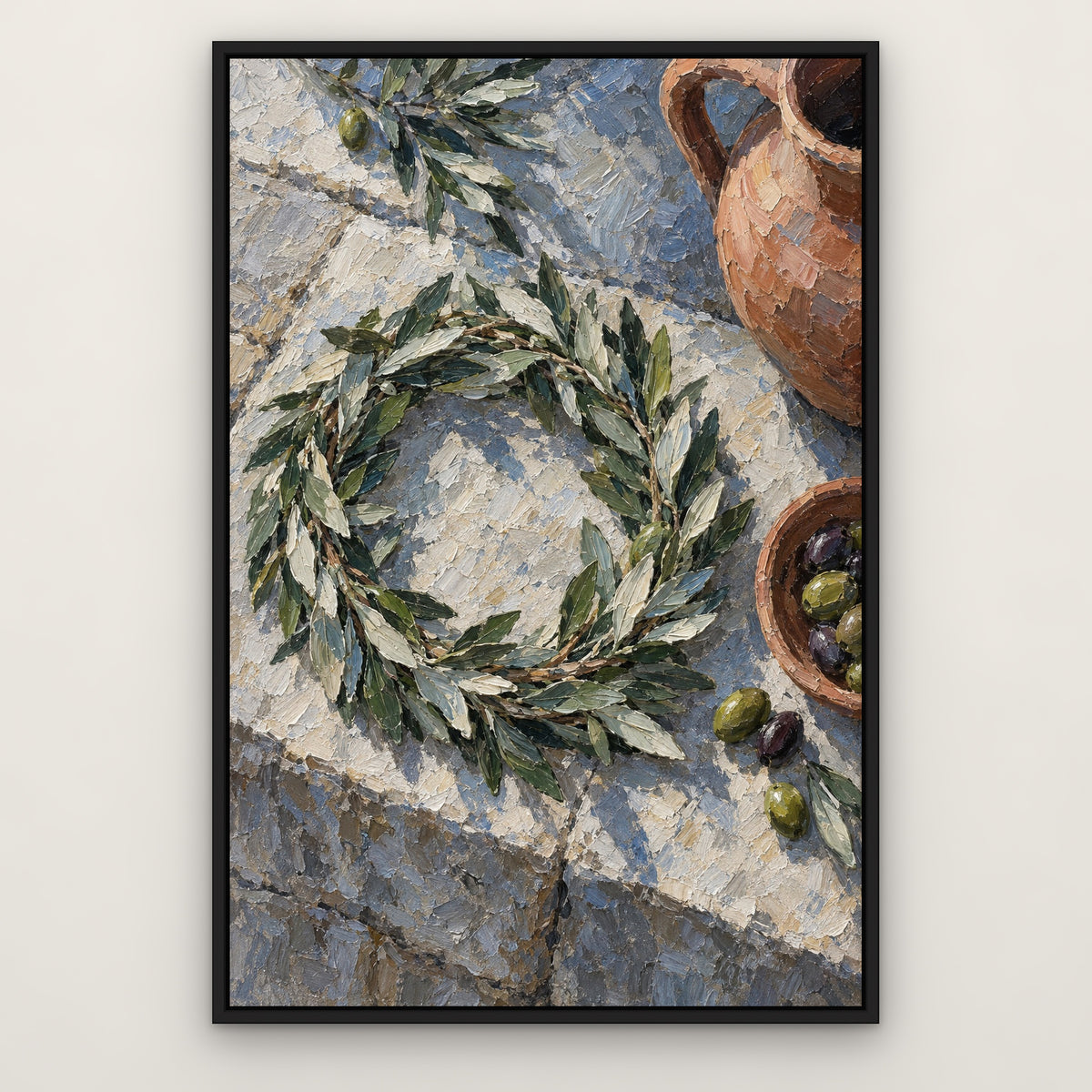 Olive Crown, green portrait hand-painted canvas wall art in a slim black float frame – Gallery 23