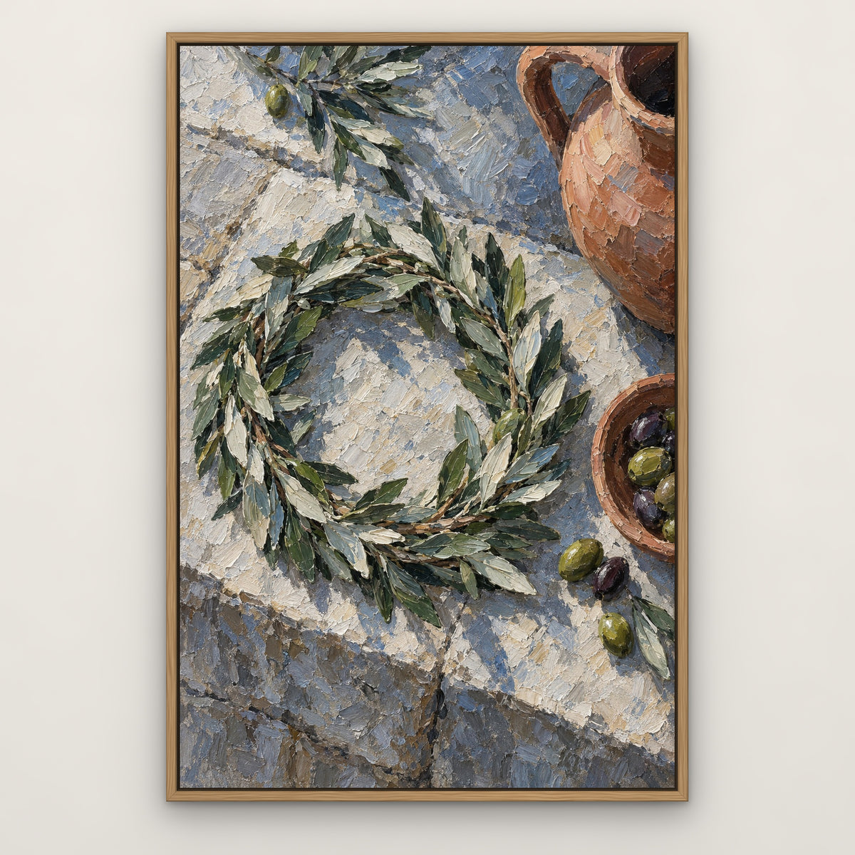 Olive Crown, green portrait hand-painted canvas wall art in a slim oak float frame – Gallery 23