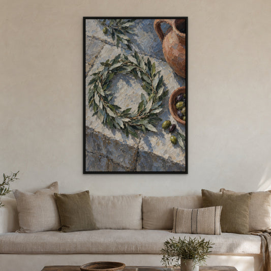Olive Crown, green portrait hand-painted canvas wall art in a living room – Gallery 23
