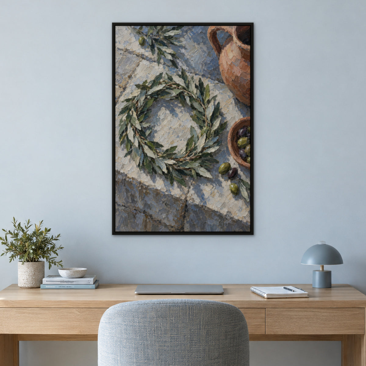 Olive Crown, green portrait hand-painted canvas wall art in a home office – Gallery 23