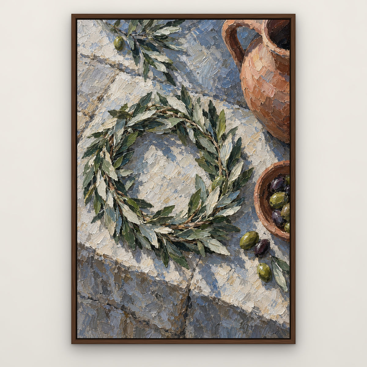 Olive Crown, green portrait hand-painted canvas wall art in a slim walnut float frame – Gallery 23