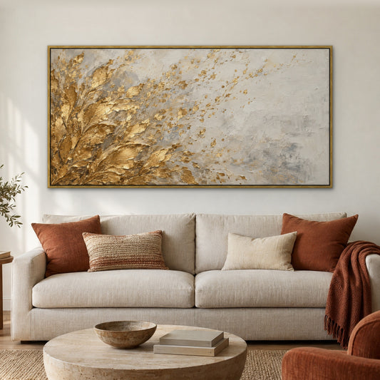 Gold Leaf Fringe, neutral abstract hand-painted canvas wall art in a living room – Gallery 23