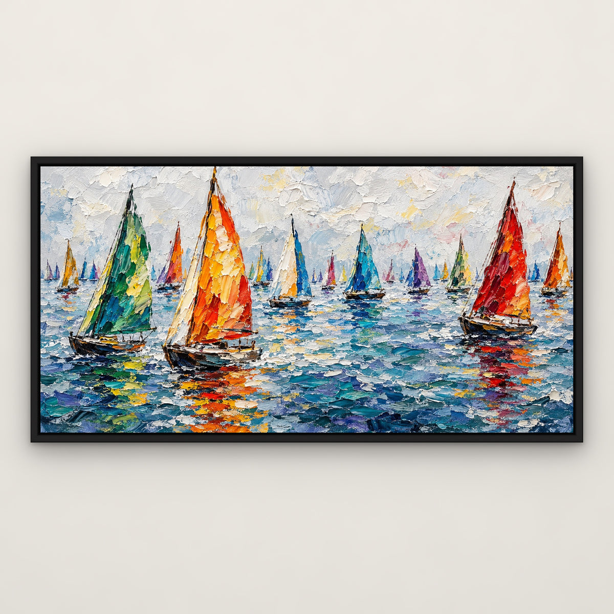 Painted Regatta, colourful abstract hand-painted canvas wall art in a slim black float frame – Gallery 23