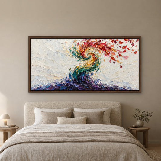 Colour Migration, colourful abstract hand-painted canvas wall art in a bedroom – Gallery 23