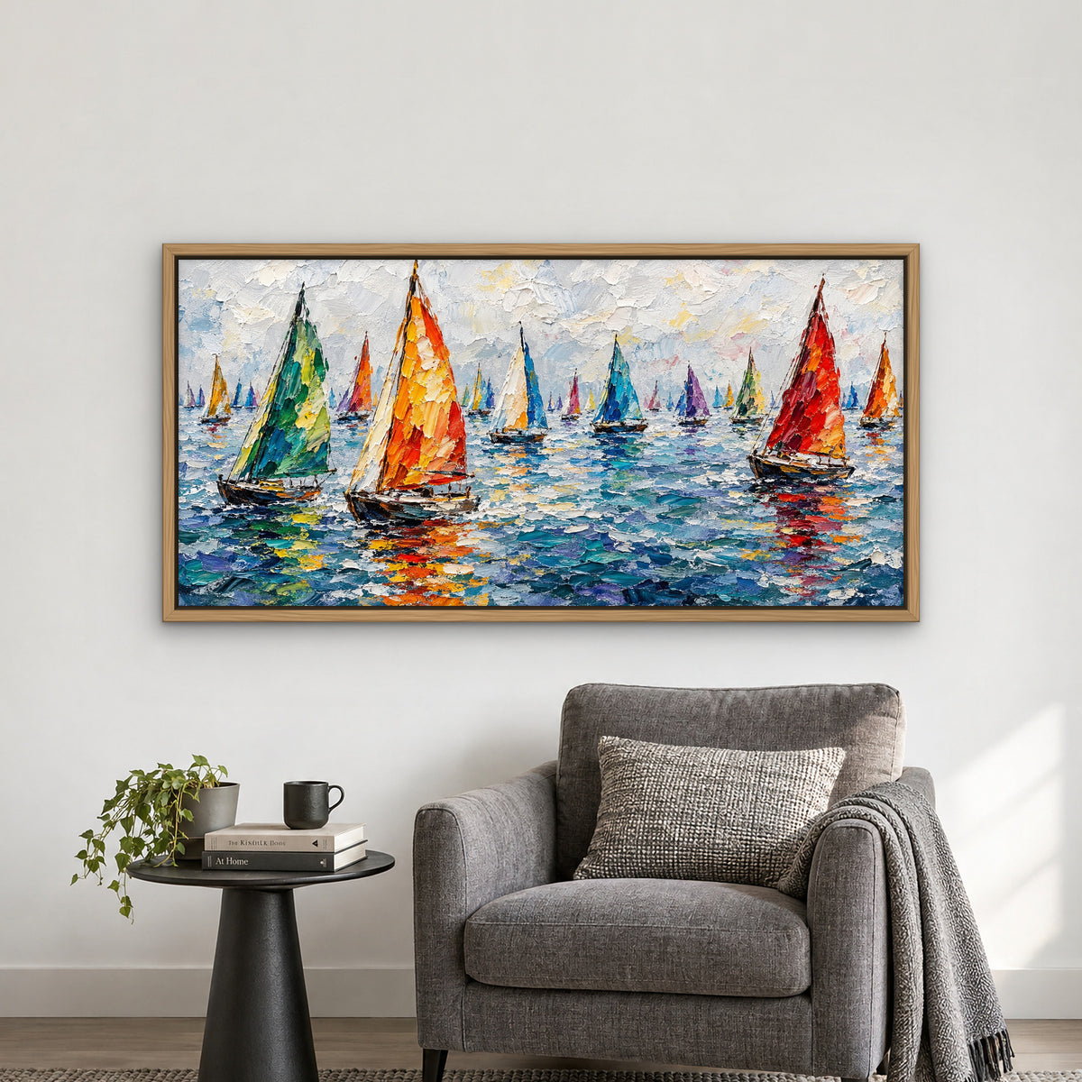 Painted Regatta, colourful abstract hand-painted canvas wall art in a reading corner – Gallery 23