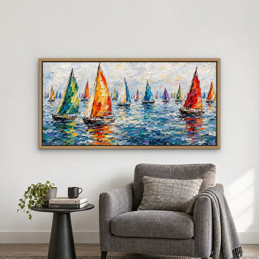 Painted Regatta, colourful abstract hand-painted canvas wall art in a reading corner – Gallery 23