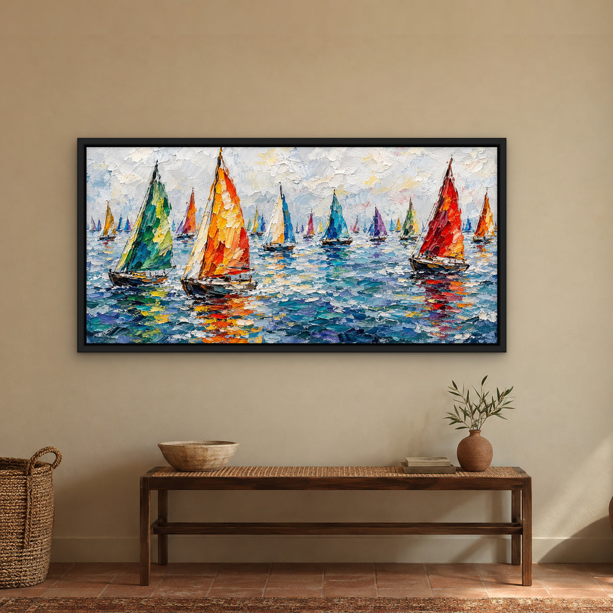 Painted Regatta, colourful abstract hand-painted canvas wall art in a hallway – Gallery 23