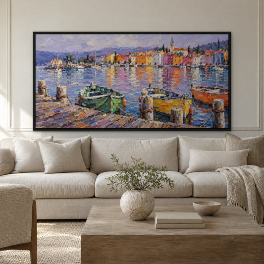Rainbow Waterfront, colourful cityscape hand-painted canvas wall art in a living room – Gallery 23