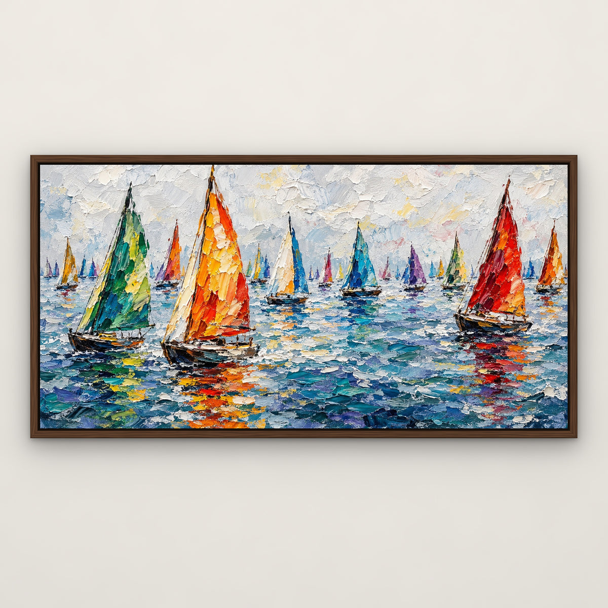Painted Regatta, colourful abstract hand-painted canvas wall art in a slim walnut float frame – Gallery 23