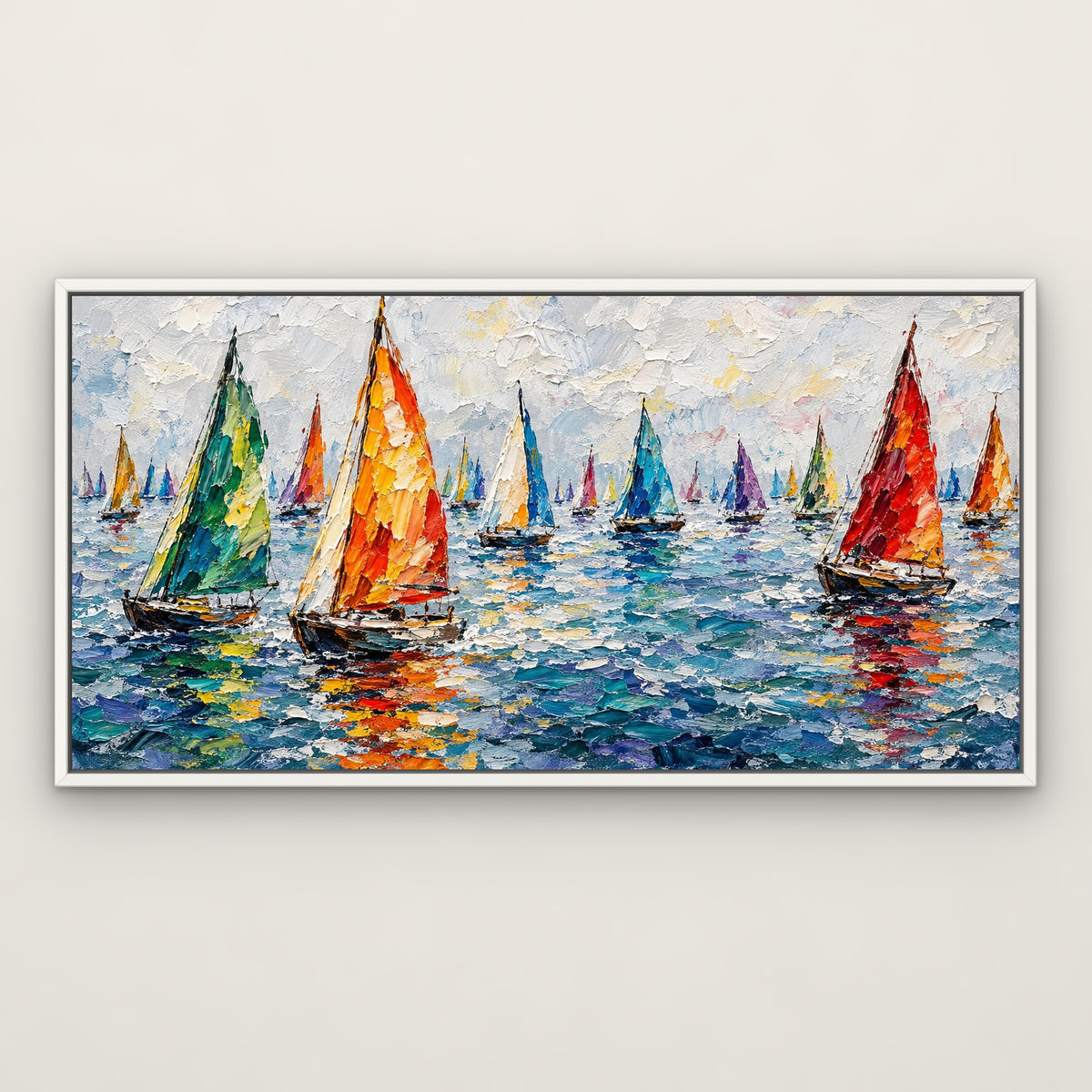 Painted Regatta, colourful abstract hand-painted canvas wall art in a slim white float frame – Gallery 23