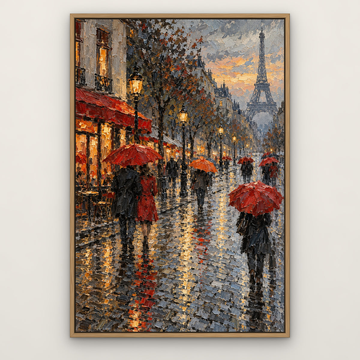Red Umbrellas of Paris, grey cityscape hand-painted canvas wall art in a slim oak float frame – Gallery 23