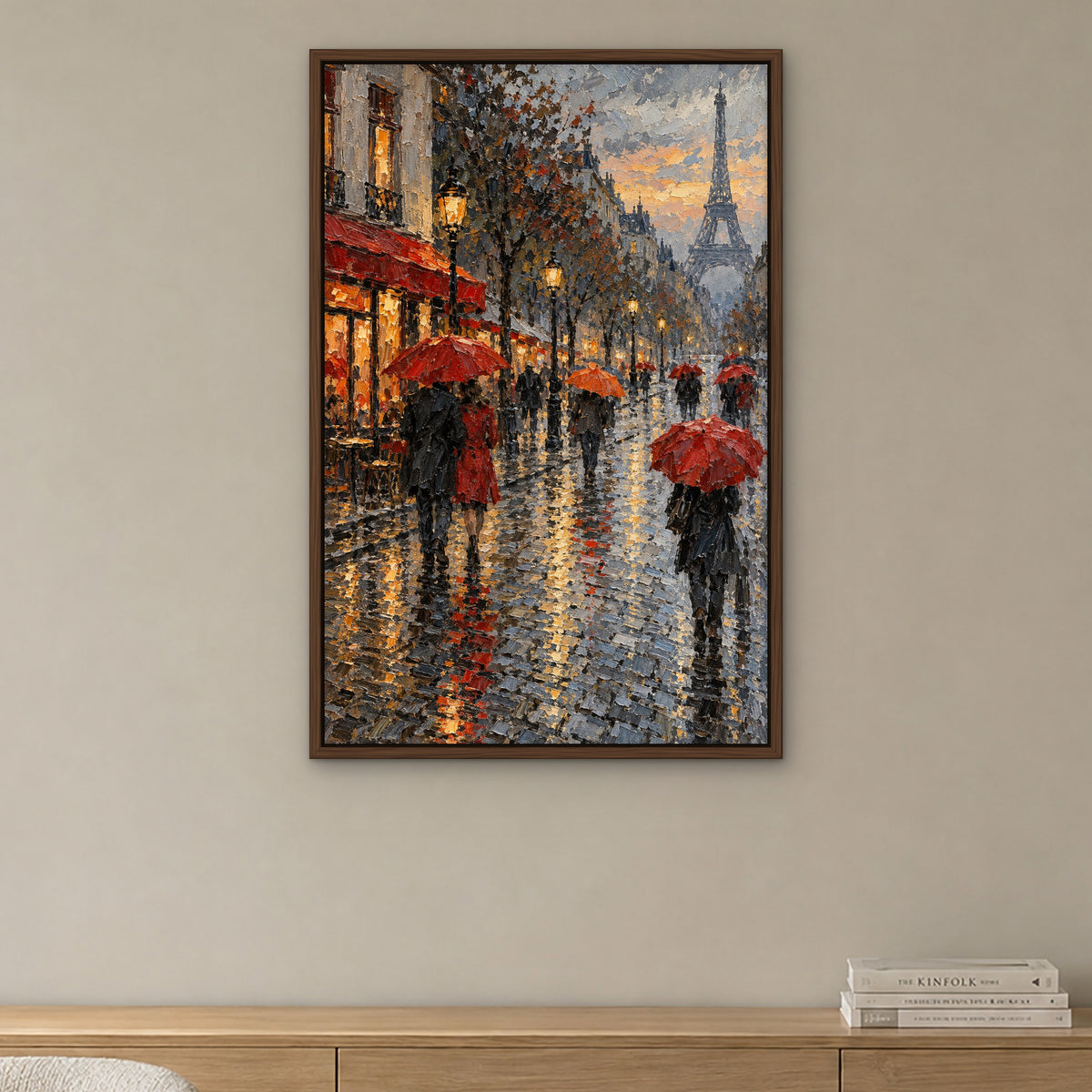 Red Umbrellas of Paris, grey cityscape hand-painted canvas wall art in a dining room – Gallery 23