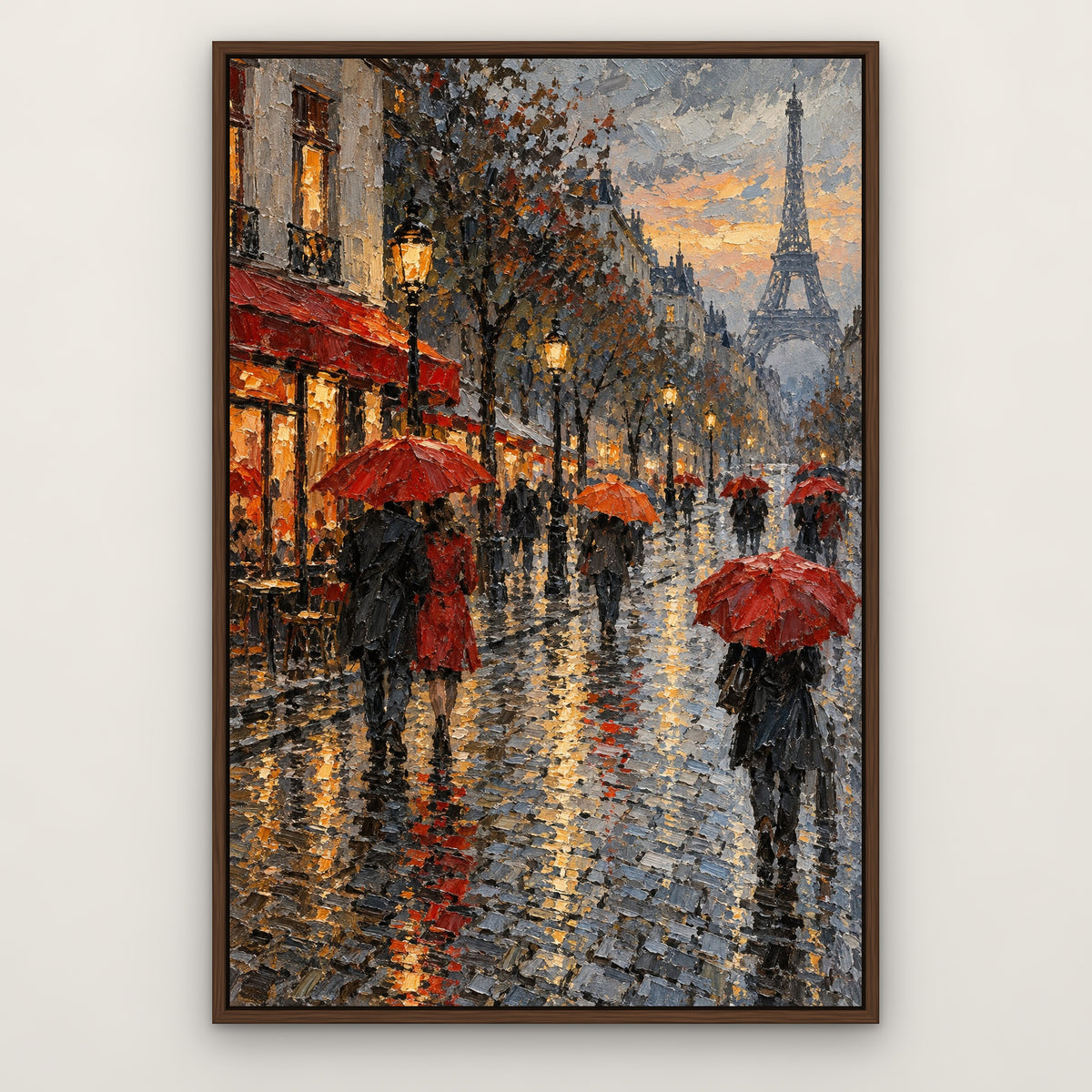 Red Umbrellas of Paris, grey cityscape hand-painted canvas wall art in a slim walnut float frame – Gallery 23