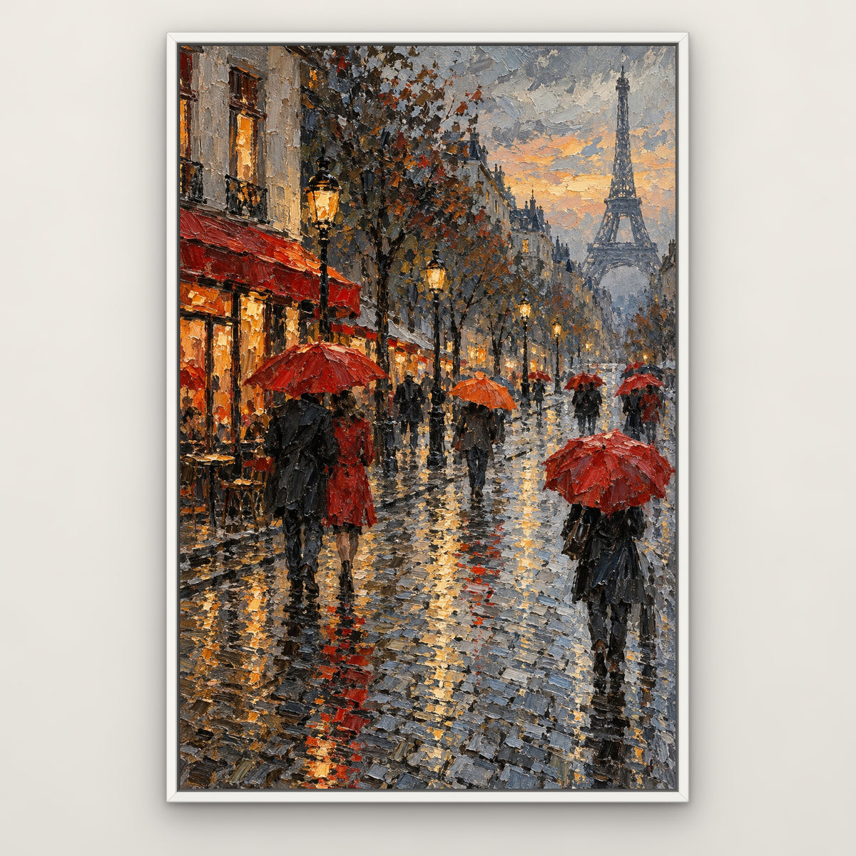 Red Umbrellas of Paris, grey cityscape hand-painted canvas wall art in a slim white float frame – Gallery 23