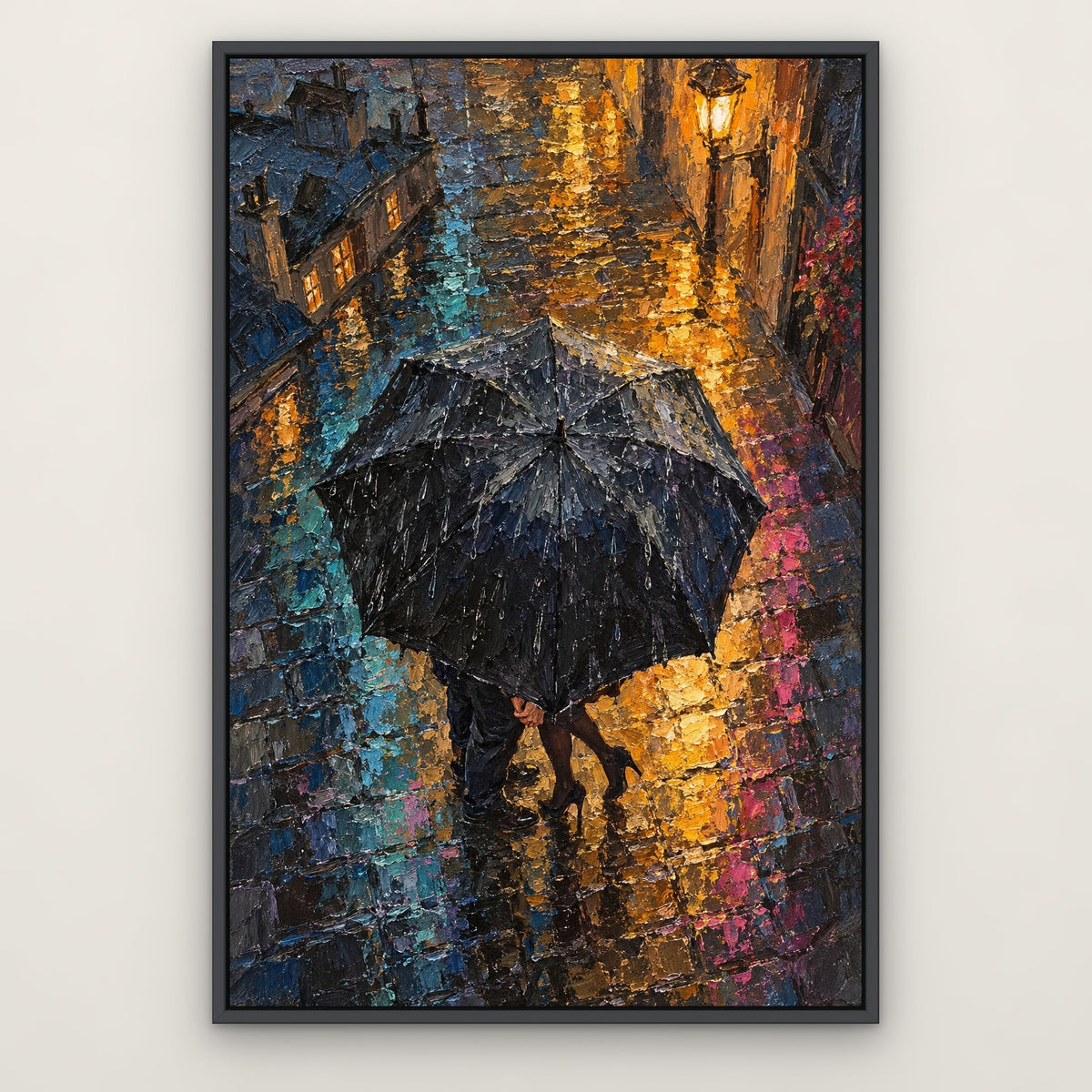 Midnight Umbrella Kiss, colourful figurative hand-painted canvas wall art in a slim dark grey float frame – Gallery 23