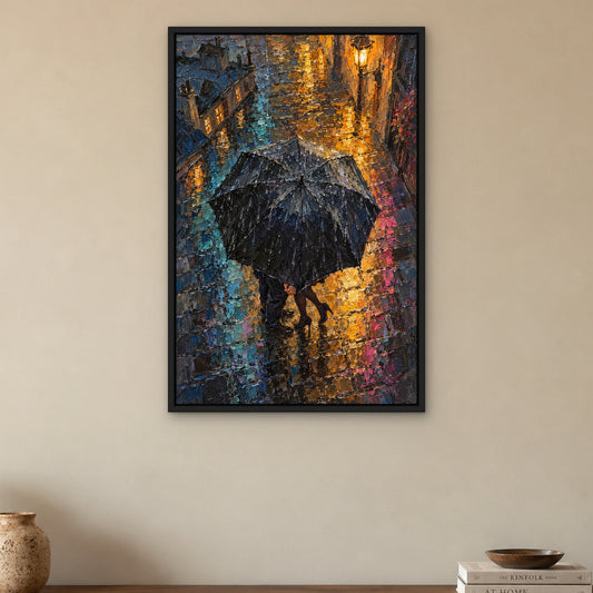 Midnight Umbrella Kiss, colourful figurative hand-painted canvas wall art in a dining room – Gallery 23