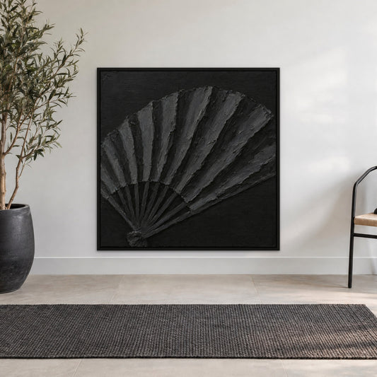 Black Fan Relief, black and white abstract hand-painted canvas wall art in a hallway – Gallery 23