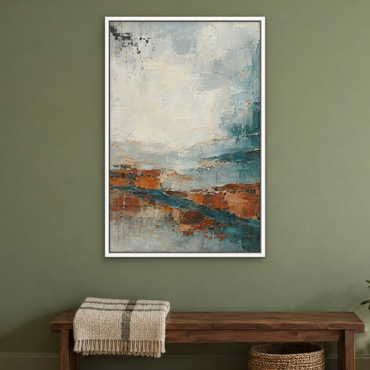 Rust and Teal Fragments, orange abstract hand-painted canvas wall art in a bedroom – Gallery 23