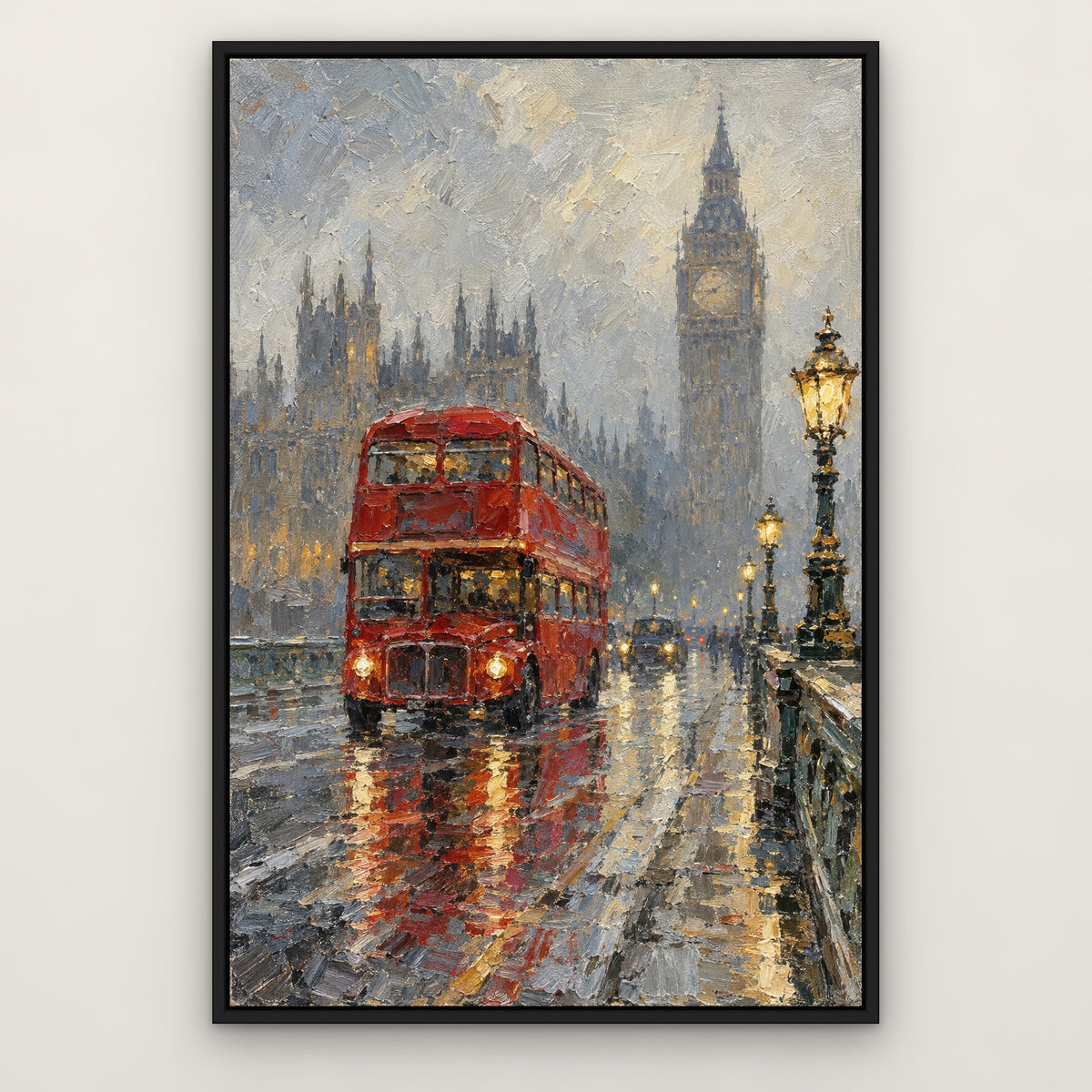 Red Bus, Westminster, gold cityscape hand-painted canvas wall art in a slim black float frame – Gallery 23