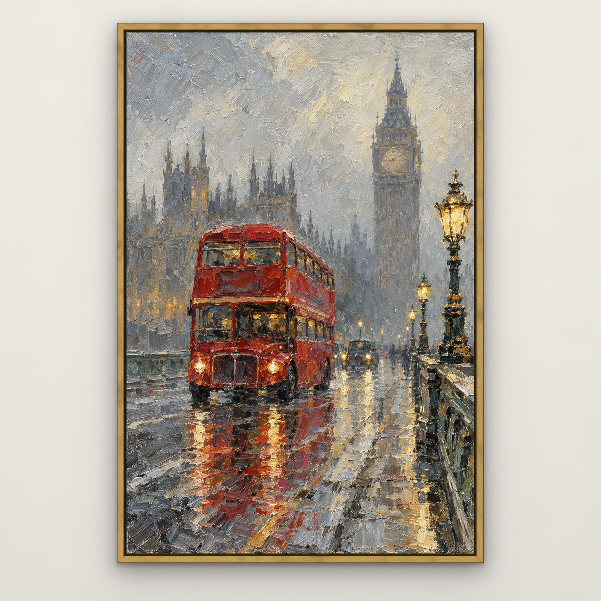 Red Bus, Westminster, gold cityscape hand-painted canvas wall art in a slim antique gold float frame – Gallery 23