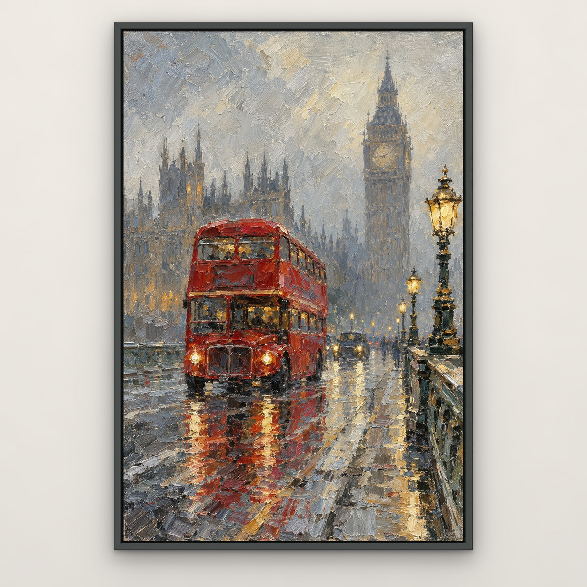Red Bus, Westminster, gold cityscape hand-painted canvas wall art in a slim dark grey float frame – Gallery 23