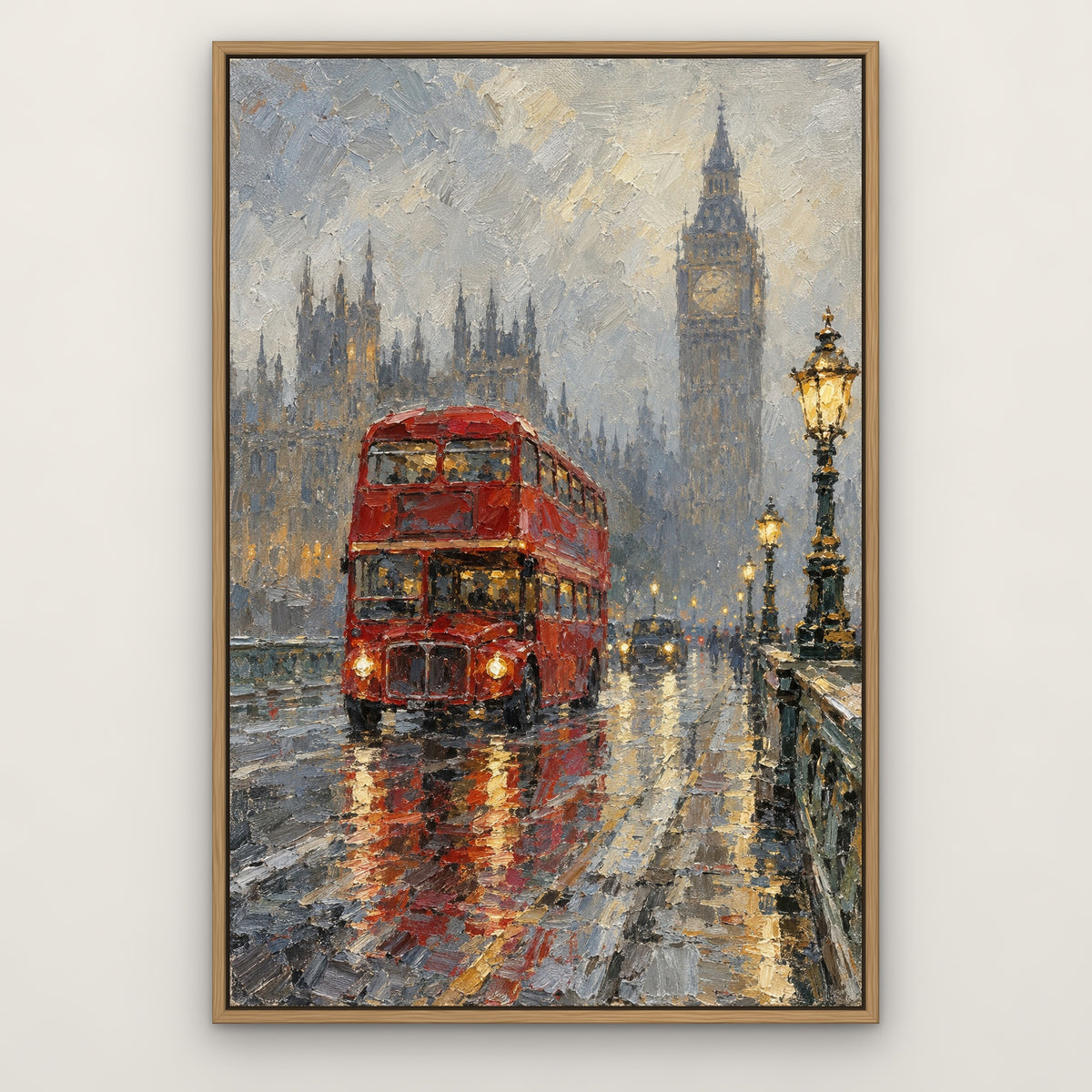 Red Bus, Westminster, gold cityscape hand-painted canvas wall art in a slim oak float frame – Gallery 23