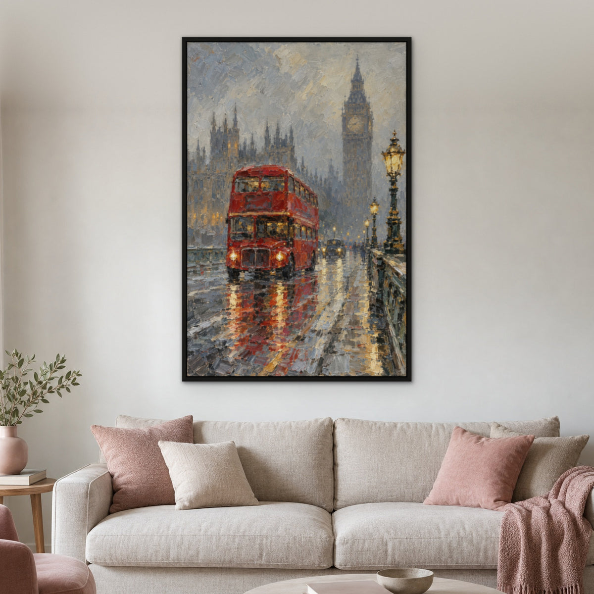 Red Bus, Westminster, gold cityscape hand-painted canvas wall art in a living room – Gallery 23