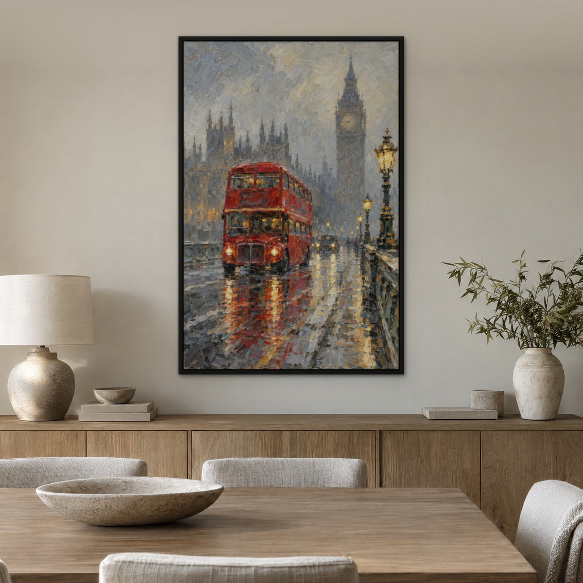 Red Bus, Westminster, gold cityscape hand-painted canvas wall art in a dining room – Gallery 23
