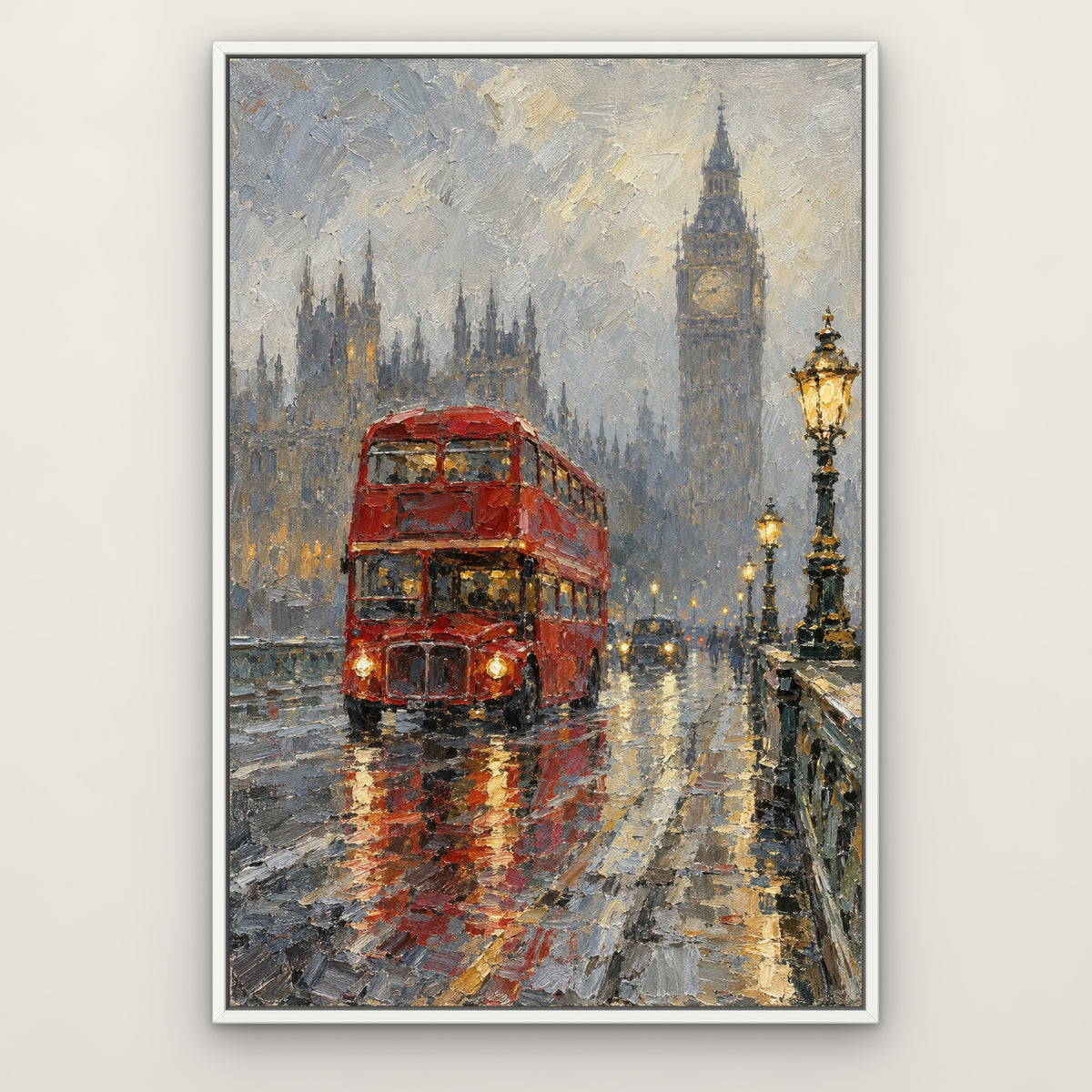 Red Bus, Westminster, gold cityscape hand-painted canvas wall art in a slim white float frame – Gallery 23