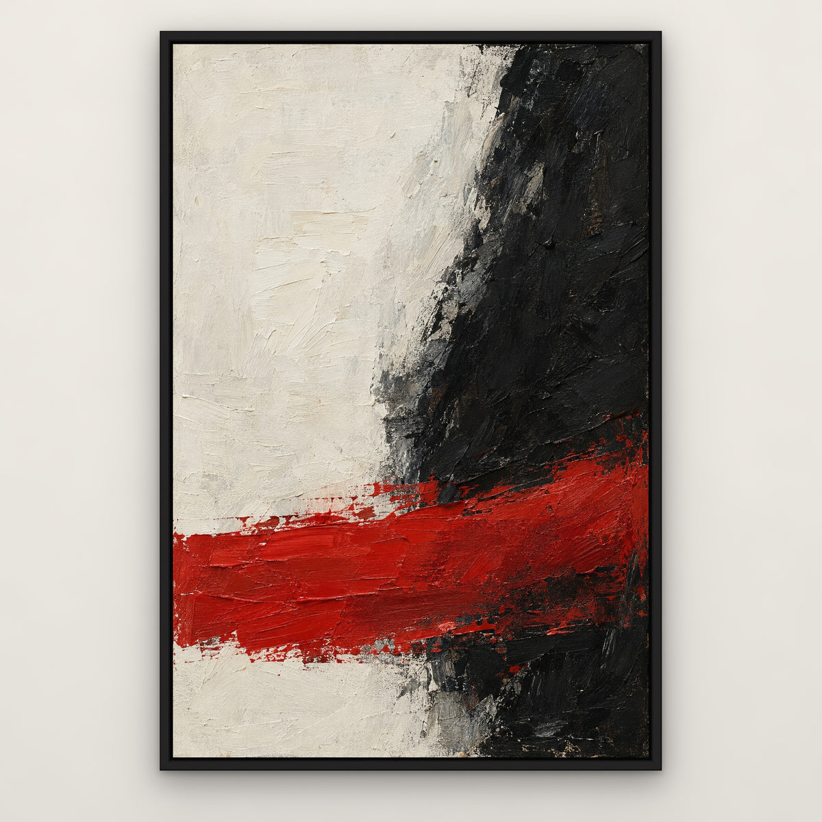 Red Stroke and Shadow, black and white abstract hand-painted canvas wall art in a slim black float frame – Gallery 23