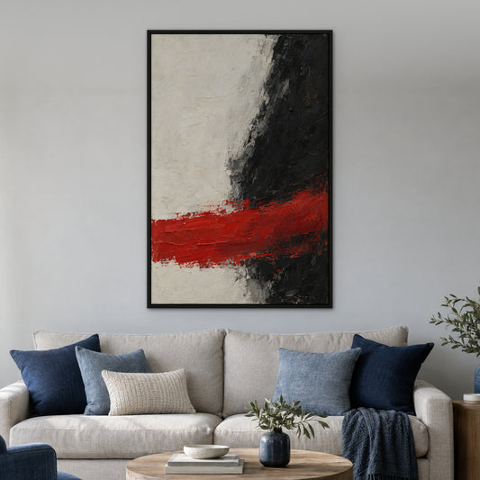 Red Stroke and Shadow, black and white abstract hand-painted canvas wall art in a living room – Gallery 23