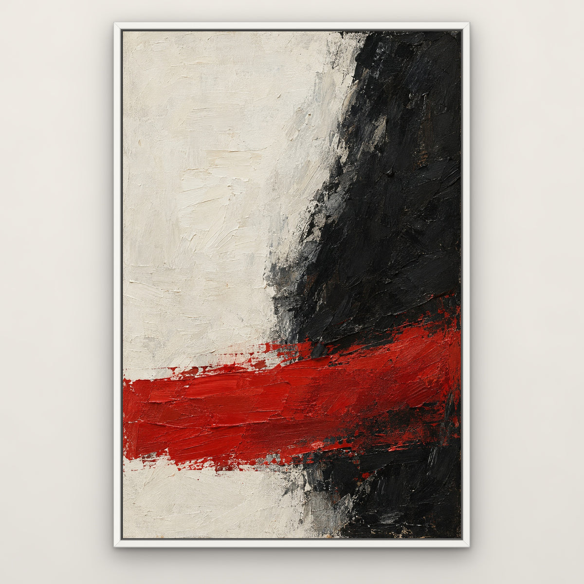 Red Stroke and Shadow, black and white abstract hand-painted canvas wall art in a slim white float frame – Gallery 23