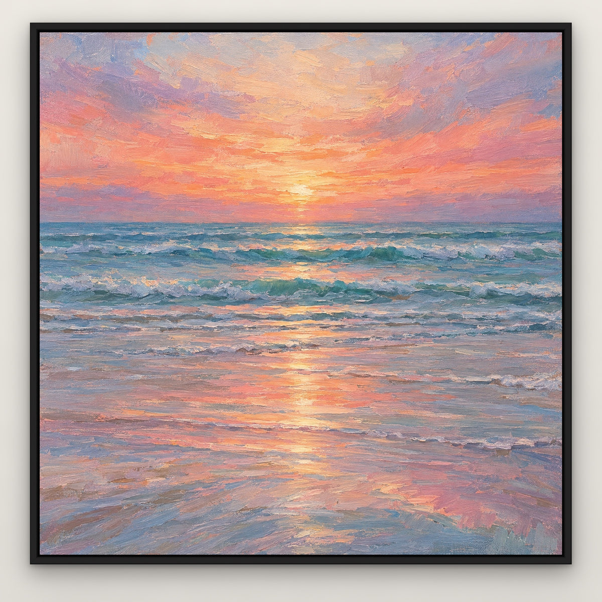 Rose Sky Breakers, teal abstract hand-painted canvas wall art in a slim black float frame – Gallery 23