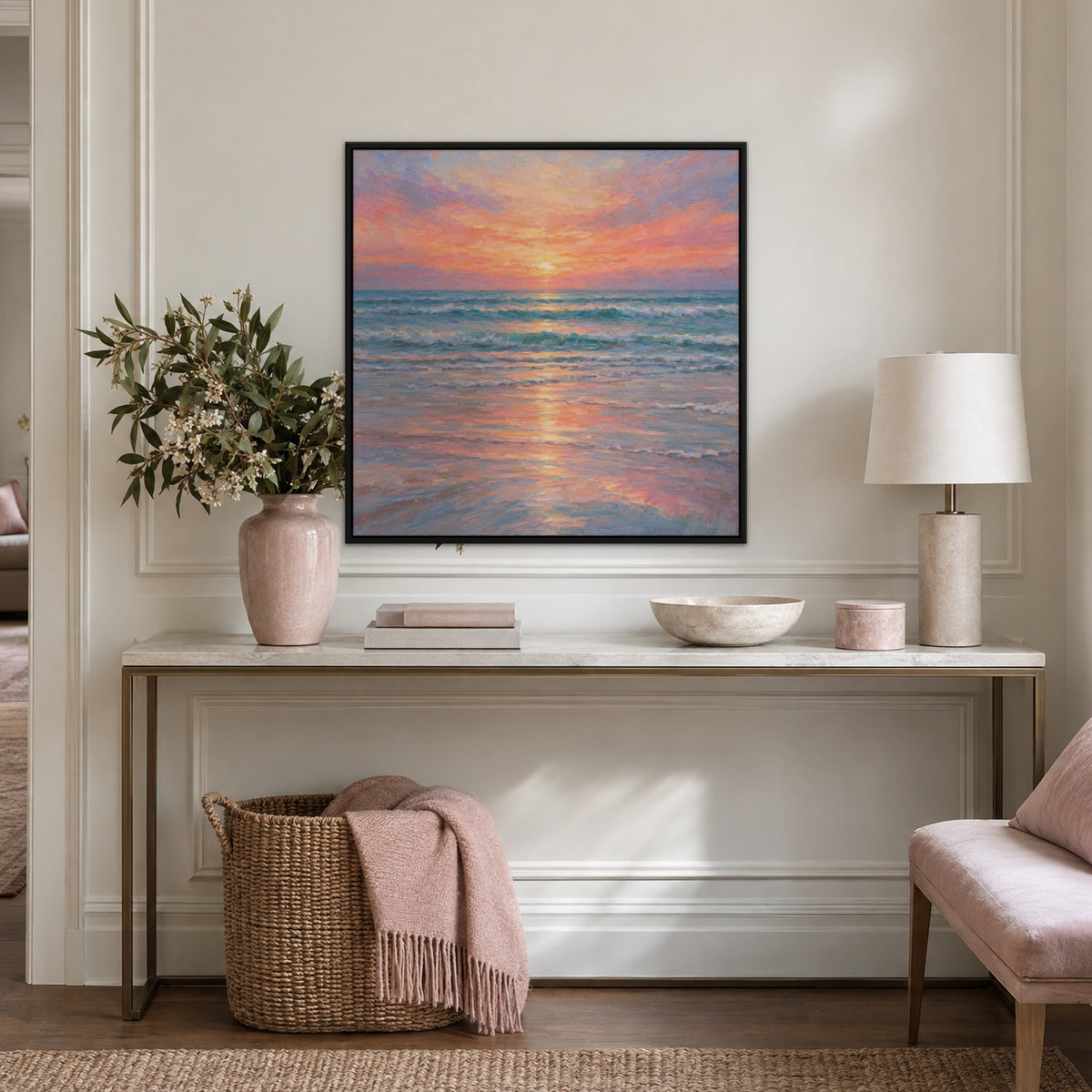 Rose Sky Breakers, teal abstract hand-painted canvas wall art in a hallway – Gallery 23